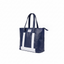 Wearsos Do Good Tote in navy blue upcycled leather with white vertical stripe accents and a top zipper closure.