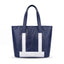 Wearsos Do Good Tote in navy blue upcycled aviation leather with white accent panels and sturdy shoulder straps